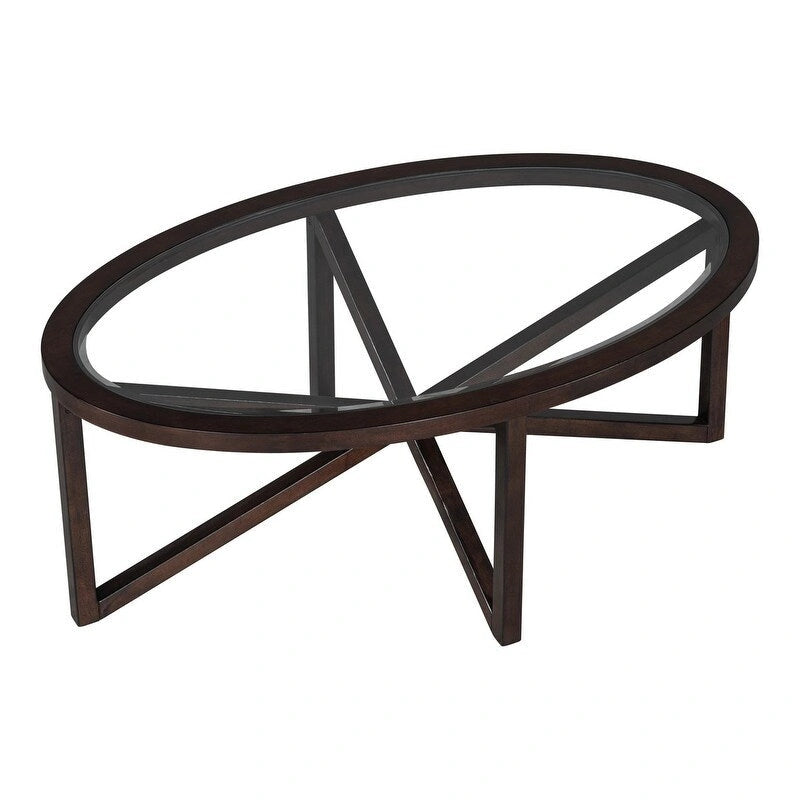 Table basse en verre trempé ronde/ovale noire/marron avec base en bois massif