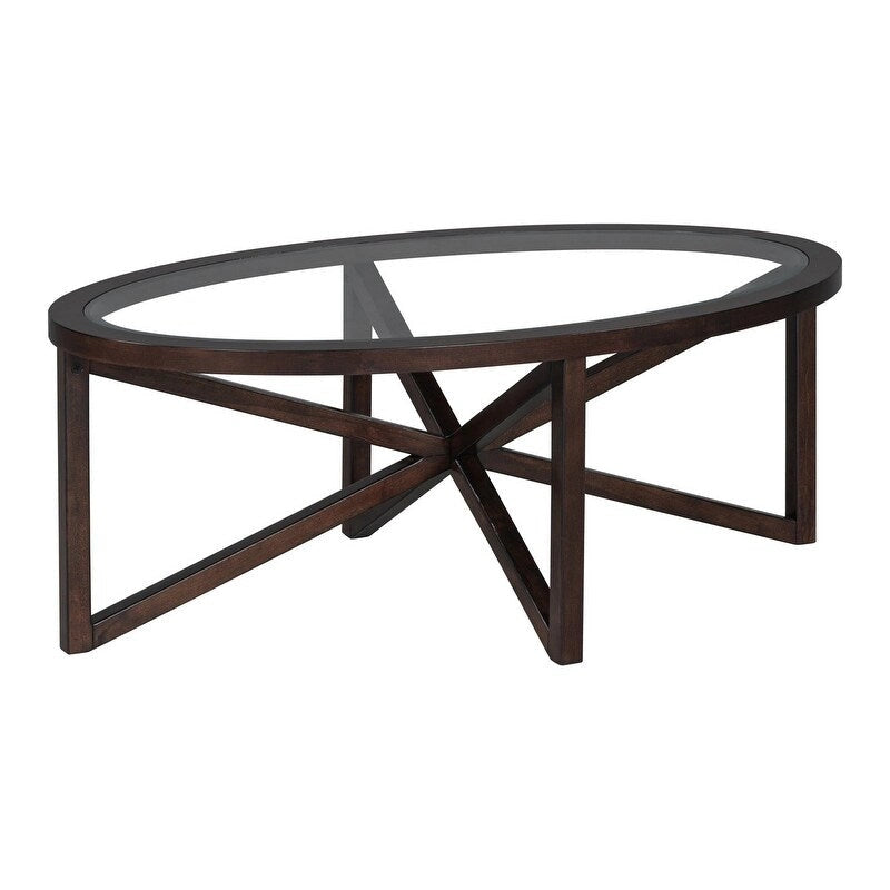 Table basse en verre trempé ronde/ovale noire/marron avec base en bois massif