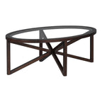 Table basse en verre trempé ronde/ovale noire/marron avec base en bois massif