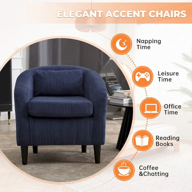 Fauteuil simple en velours côtelé, style Mid-Century, 1 place – Bleu marine / Noir / Camel / Beige / Gris foncé / Émeraude