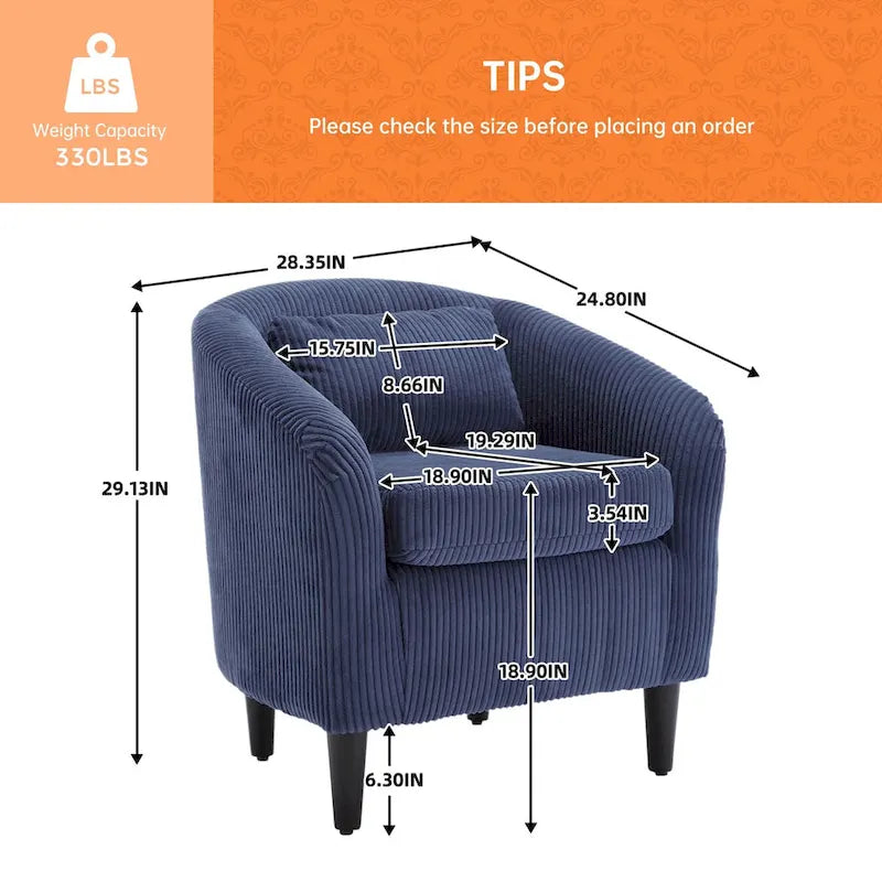 Fauteuil simple en velours côtelé, style Mid-Century, 1 place – Bleu marine / Noir / Camel / Beige / Gris foncé / Émeraude