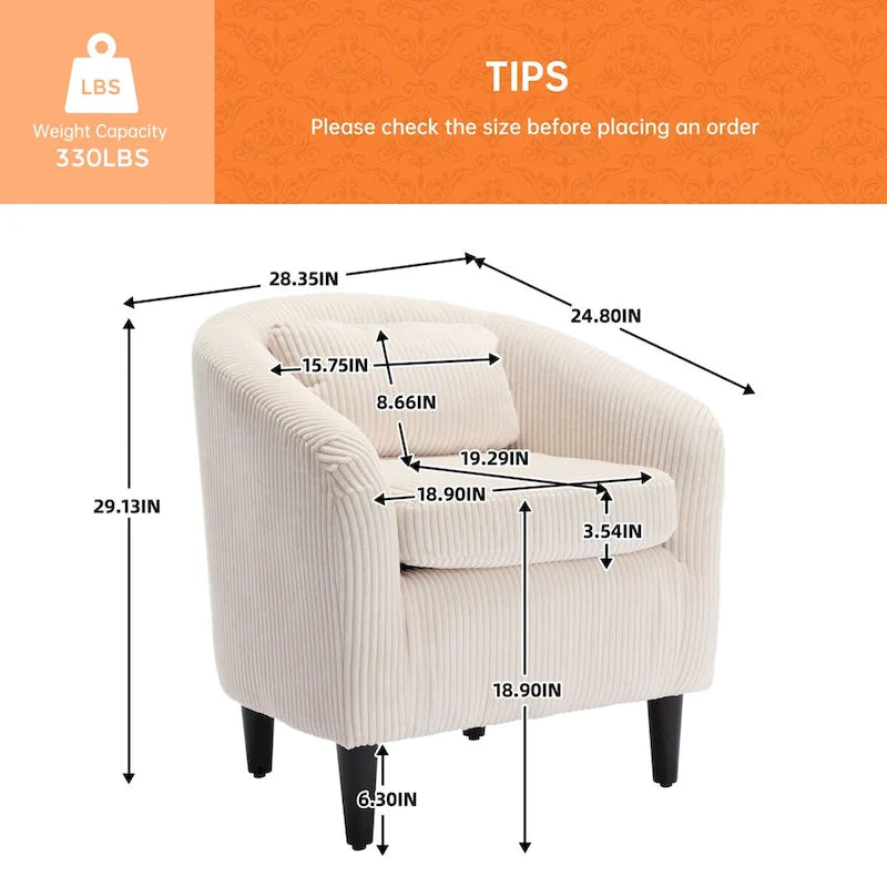 Fauteuil simple en velours côtelé, style Mid-Century, 1 place – Bleu marine / Noir / Camel / Beige / Gris foncé / Émeraude