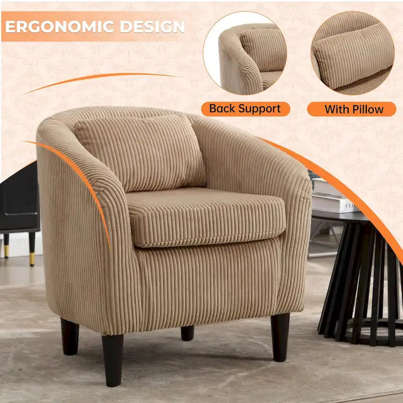 Fauteuil simple en velours côtelé, style Mid-Century, 1 place – Bleu marine / Noir / Camel / Beige / Gris foncé / Émeraude
