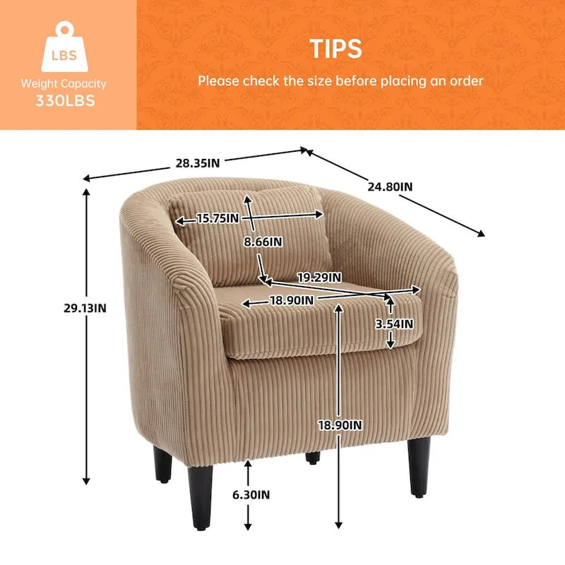 Fauteuil simple en velours côtelé, style Mid-Century, 1 place – Bleu marine / Noir / Camel / Beige / Gris foncé / Émeraude